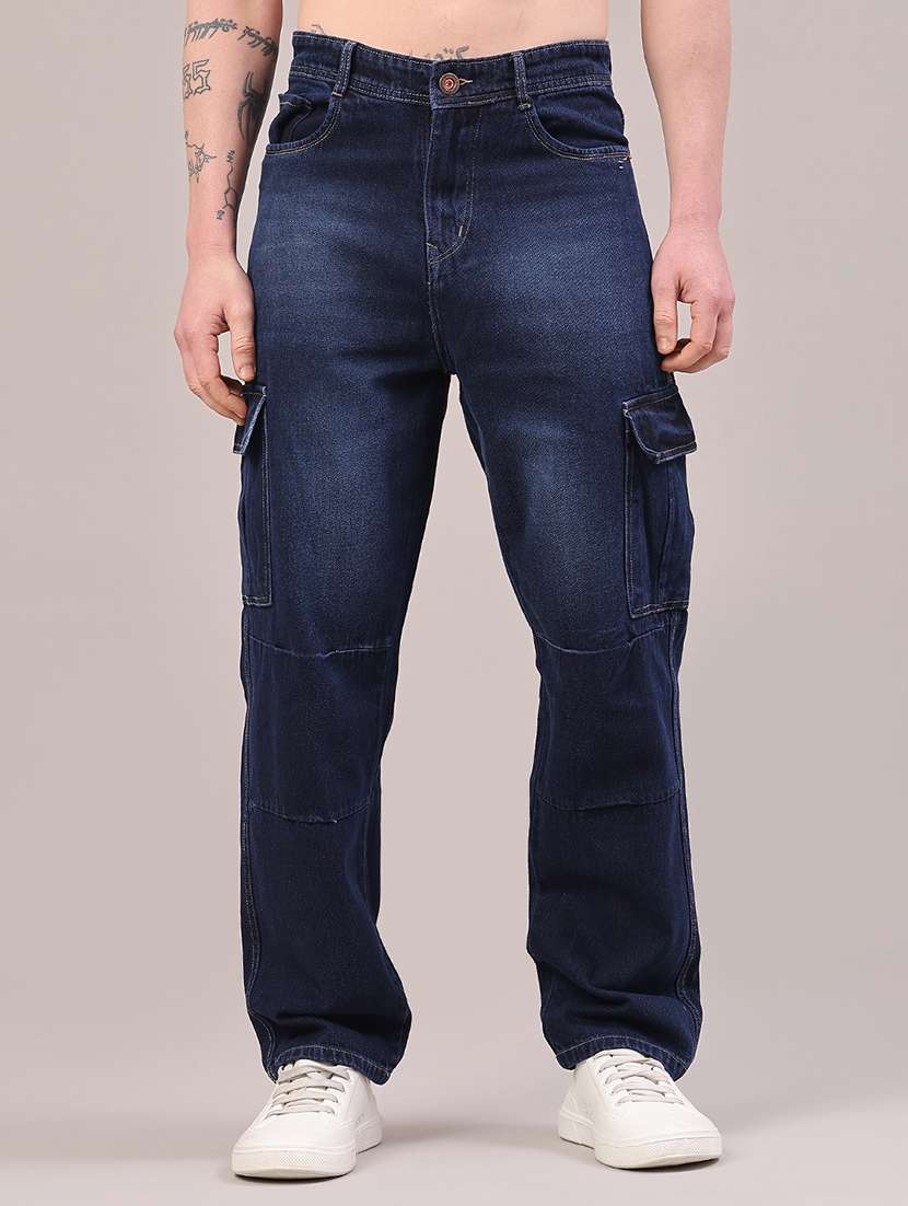 men washed mid rise relaxed fit cargo