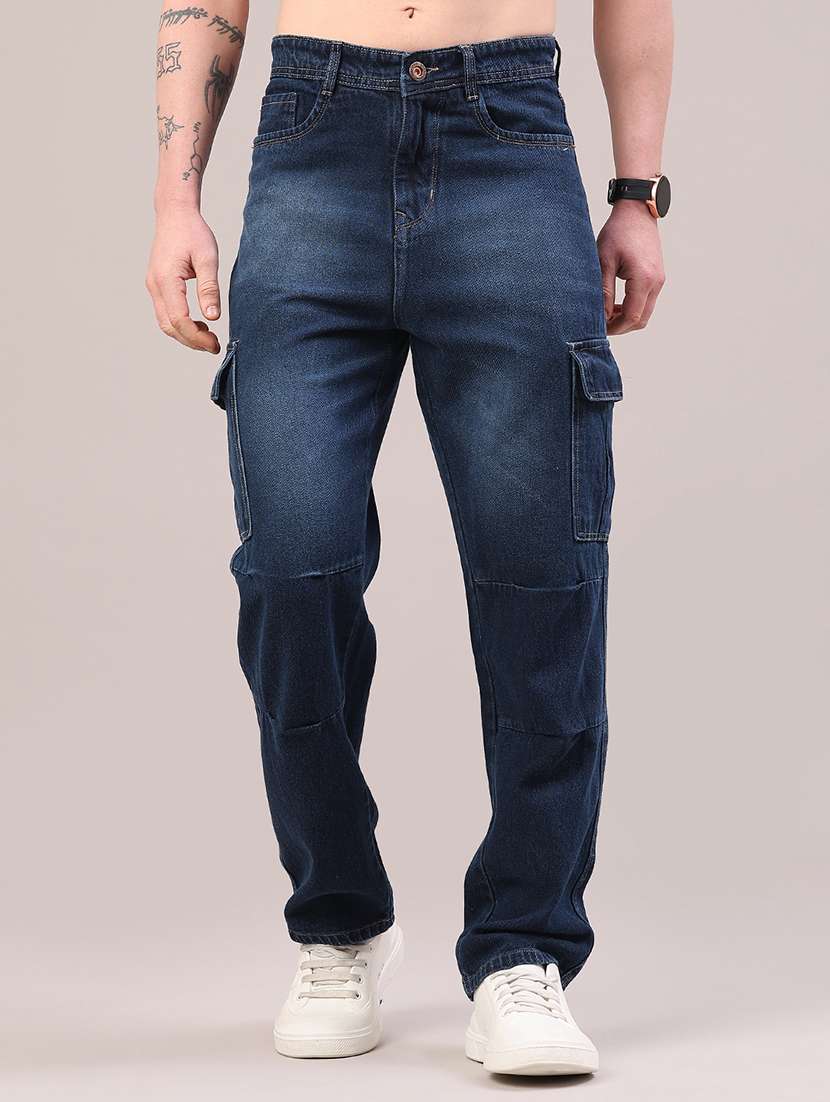 men washed mid rise regular fit cargo