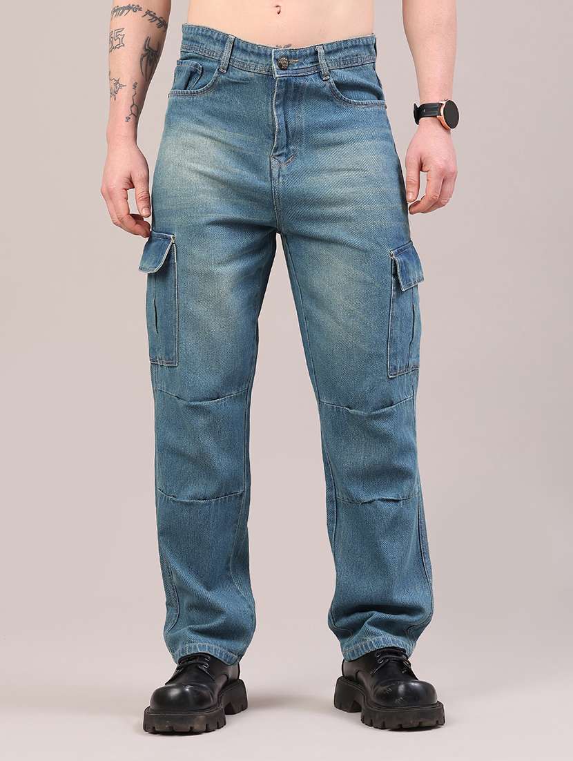 men washed mid rise regular fit cargo 