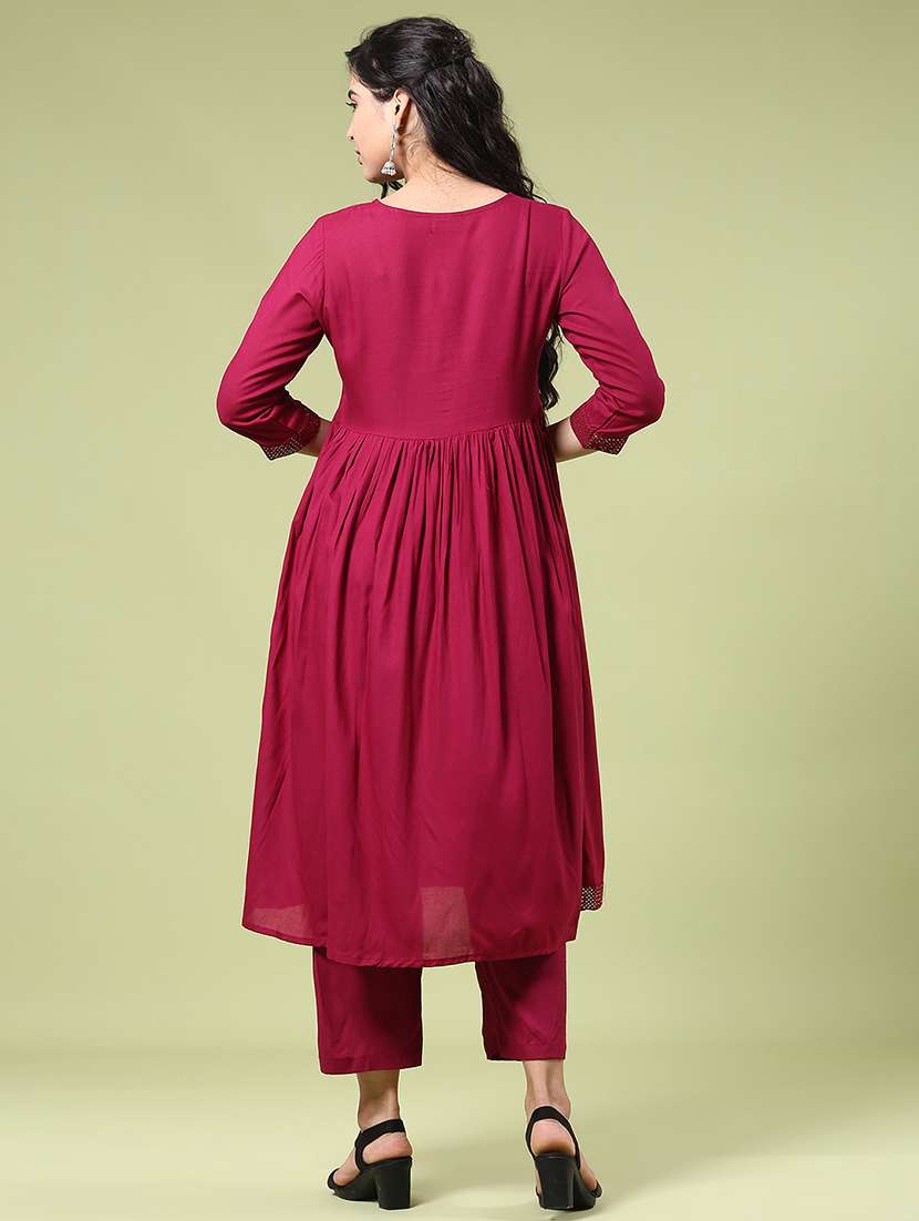 women solid with work three quarter sleeve kurta pant set - 22313588 -  Standard Image - 3