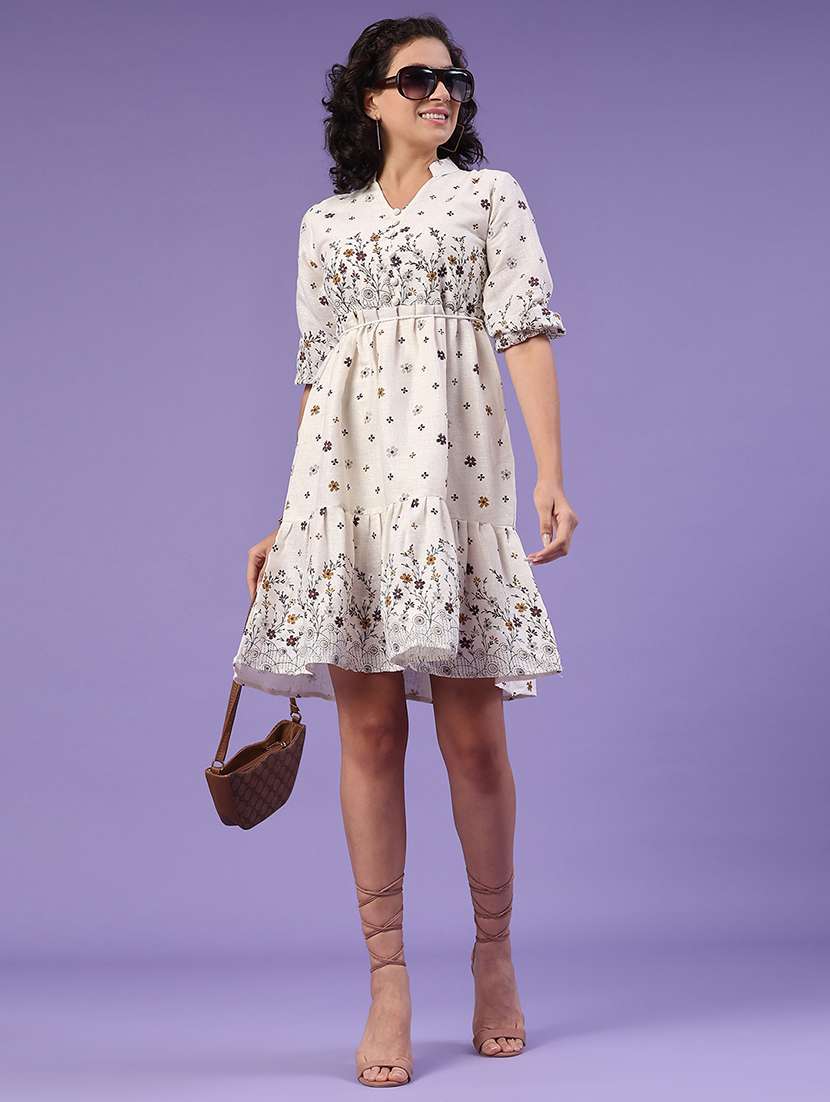 women printed v neck tiered dress
