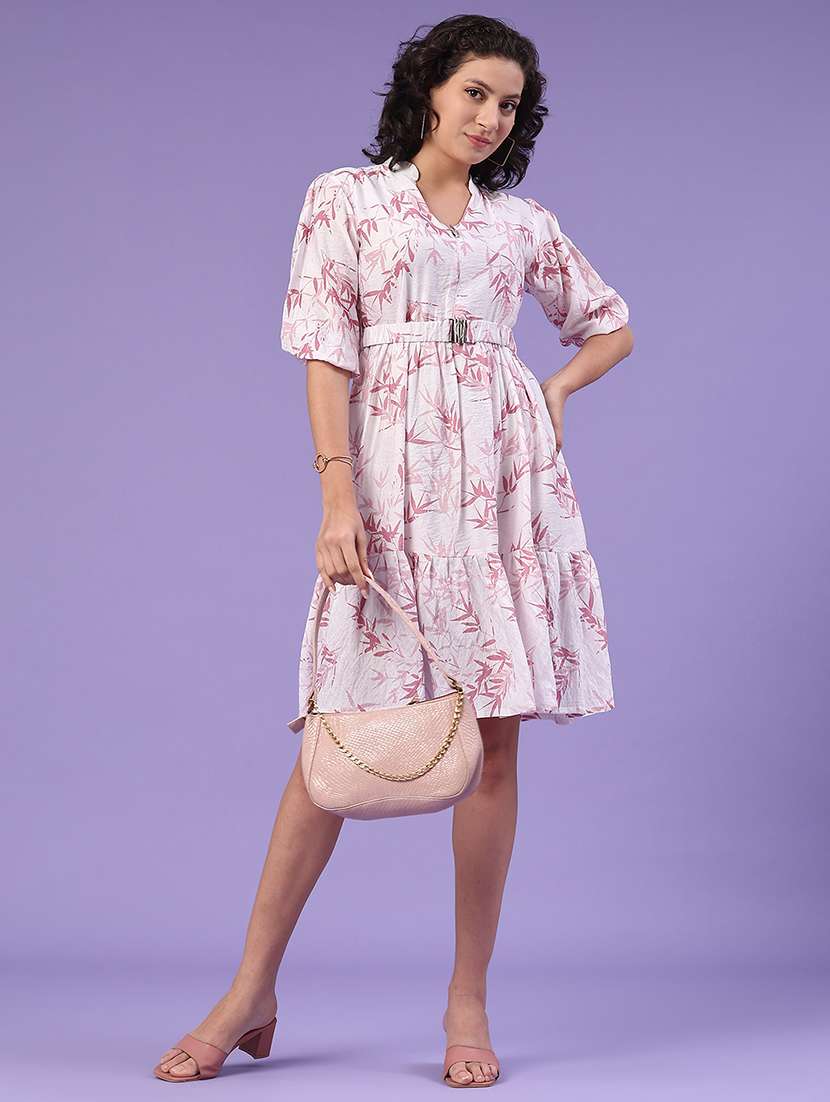 women printed puff sleeve tiered dress