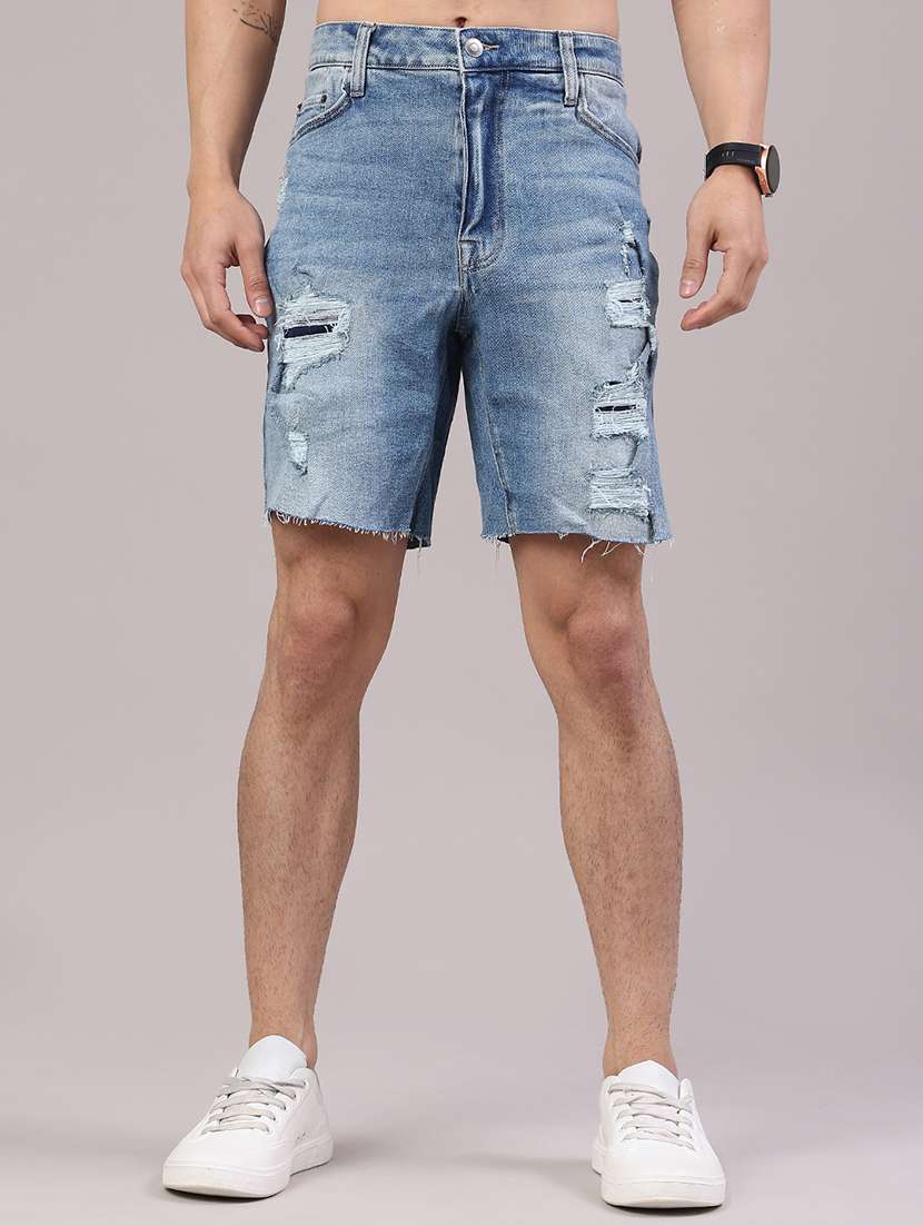 men distress mid rise regular fit denim shorts