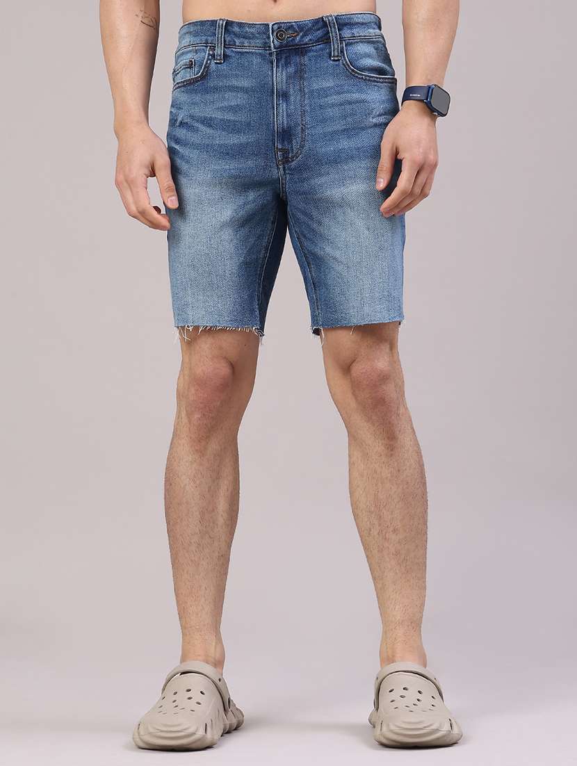 men washed mid rise regular fit denim shorts