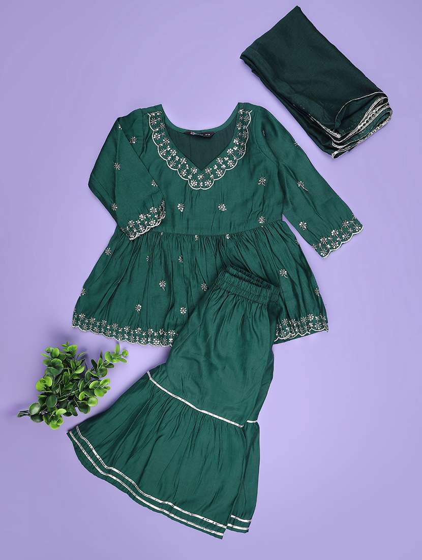 girls embroidered long sleeves kurta sharara set with dupatta