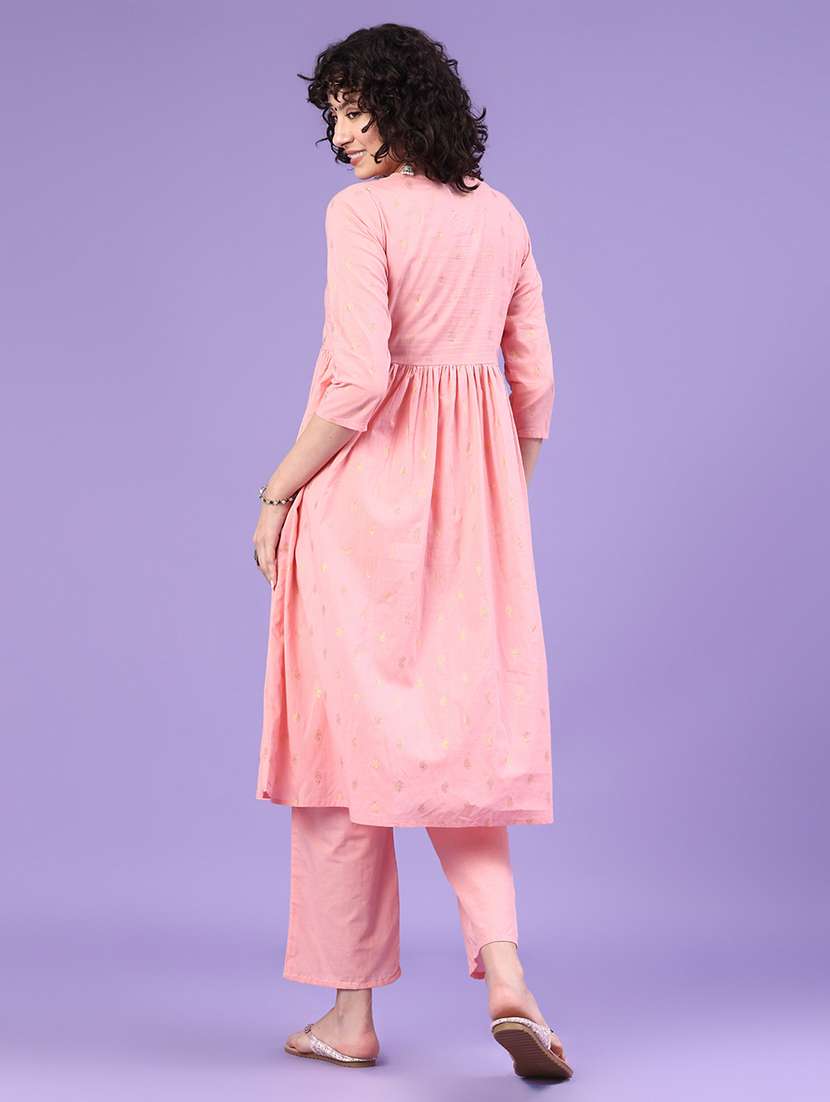 women solid with work three quarter sleeve kurta pant set - 22313682 -  Standard Image - 3