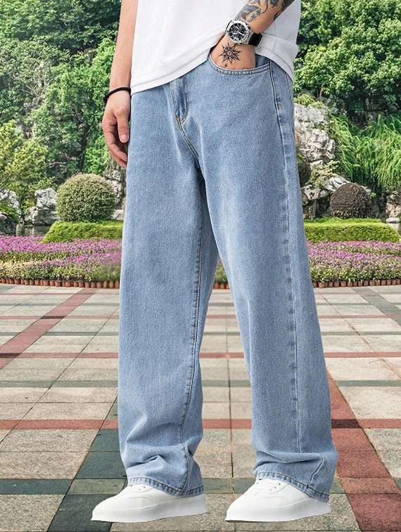 men plain mid rise full length jeans