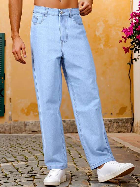 men plain mid rise straight fit jeans