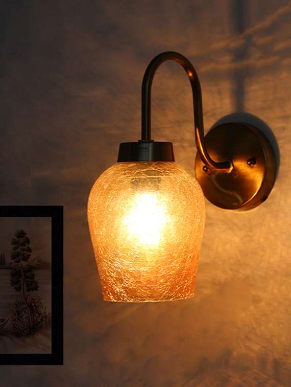 amber crackle glass wall light with down curved arm