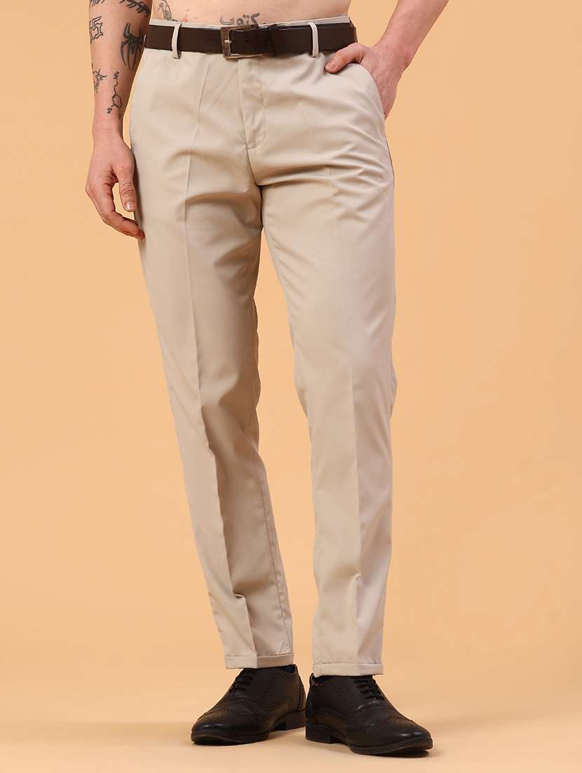men beige cotton flat front trousers formal trouser