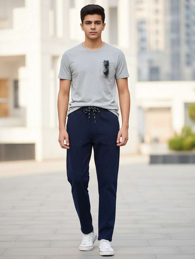 boys solid mid rise slim fit casual trouser