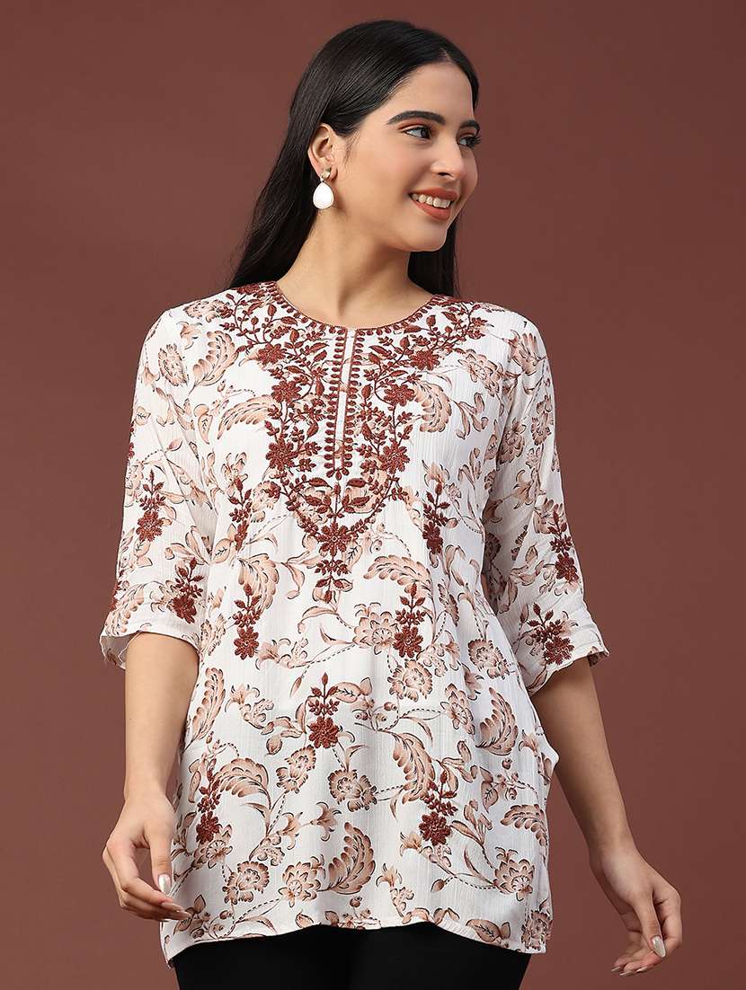 women floral three quarter sleeve straight kurti - 22316395 -  Standard Image - 3