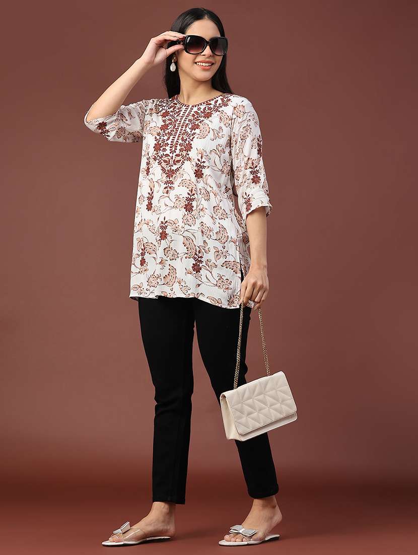 women floral three quarter sleeve straight kurti - 22316395 -  Standard Image - 5