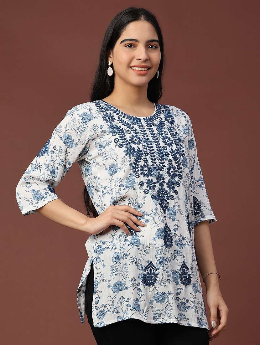 women floral three quarter sleeve straight kurti - 22316401 -  Standard Image - 3