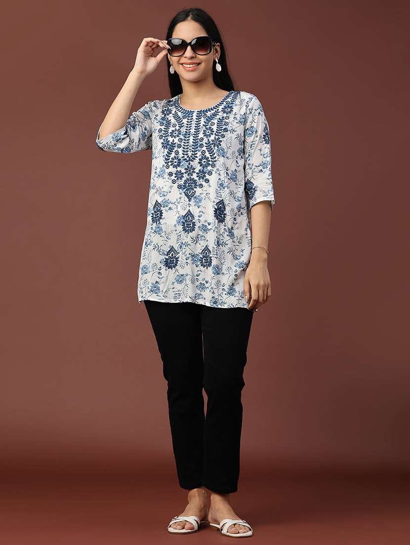 women floral three quarter sleeve straight kurti - 22316401 -  Standard Image - 5