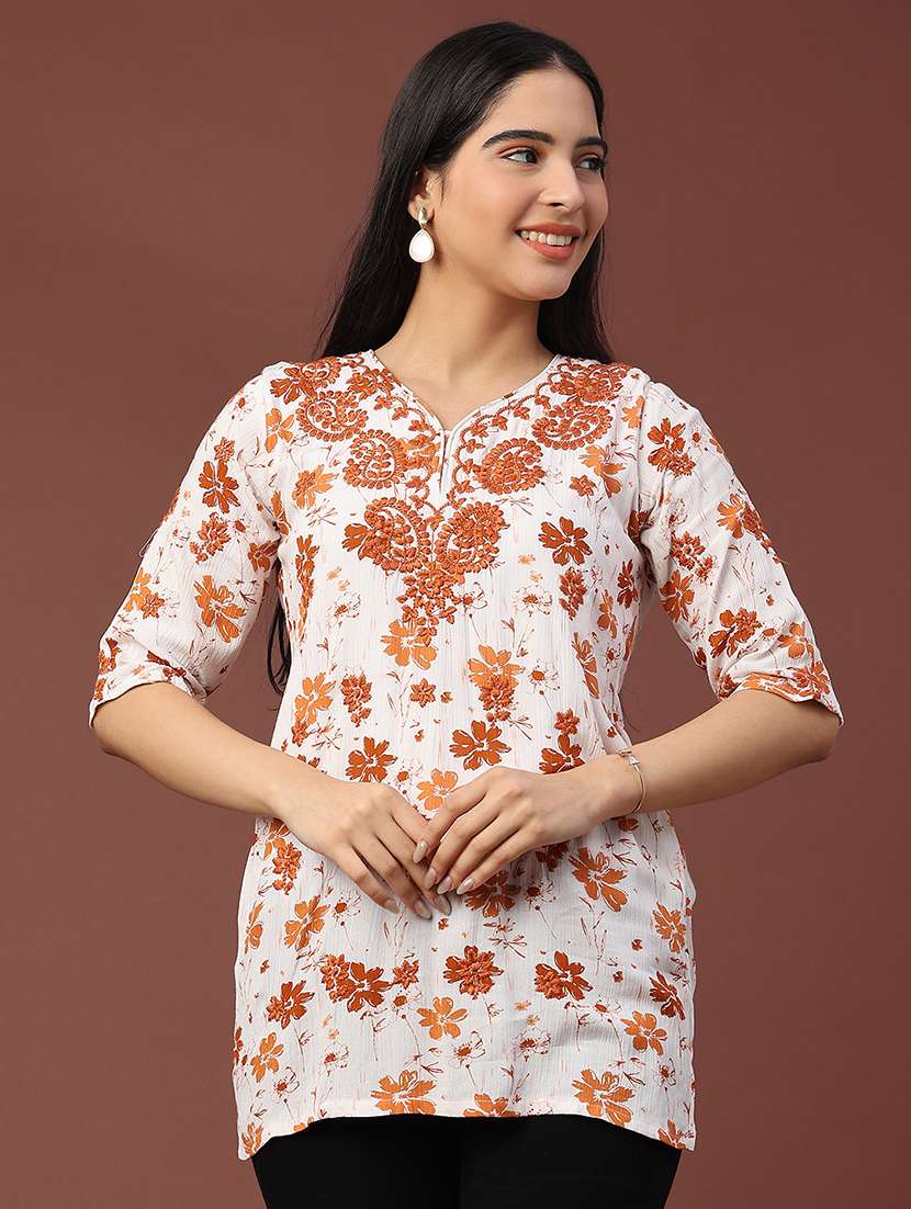 women floral three quarter sleeve straight kurti - 22316407 -  Standard Image - 3