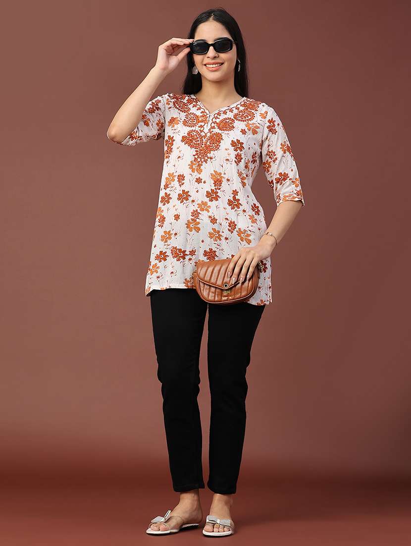 women floral three quarter sleeve straight kurti - 22316407 -  Standard Image - 5