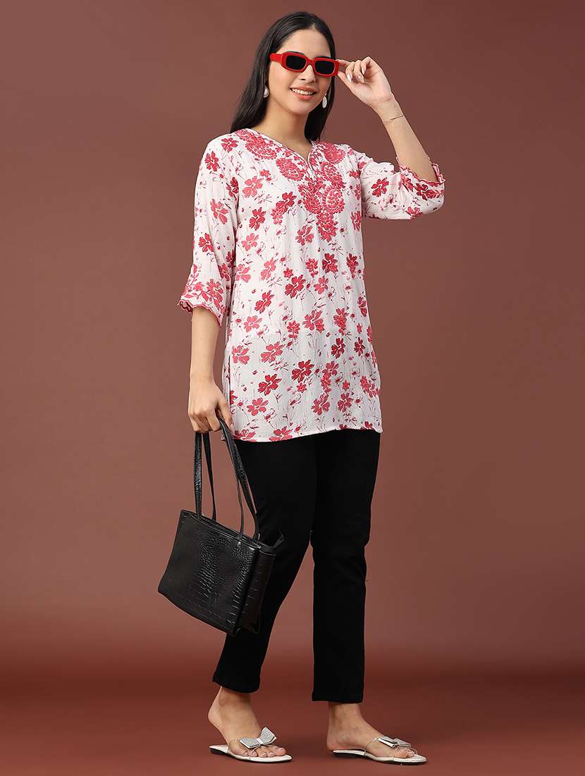 women floral three quarter sleeve straight kurti - 22316408 -  Standard Image - 5