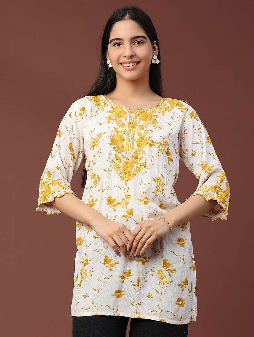 women floral three quarter sleeve straight kurti - 22316411 -  Standard Image - 3