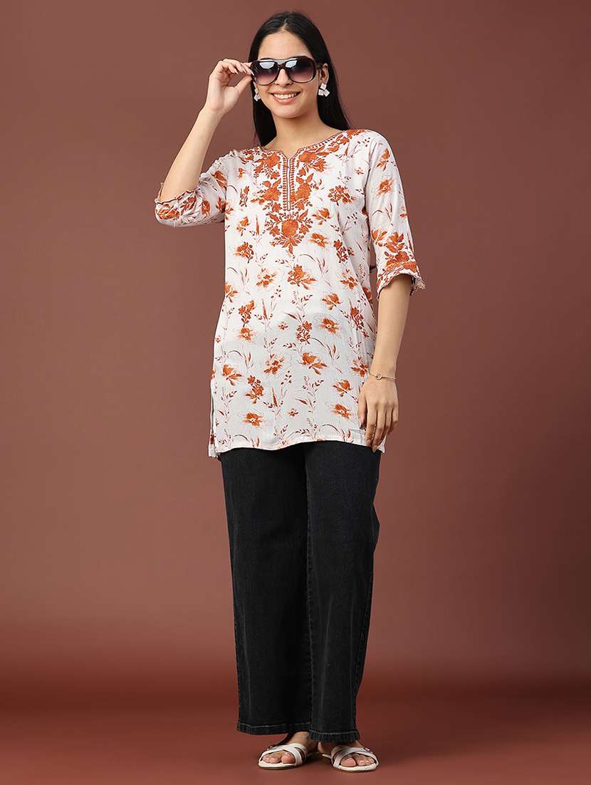 women floral three quarter sleeve straight kurti - 22316412 -  Standard Image - 5
