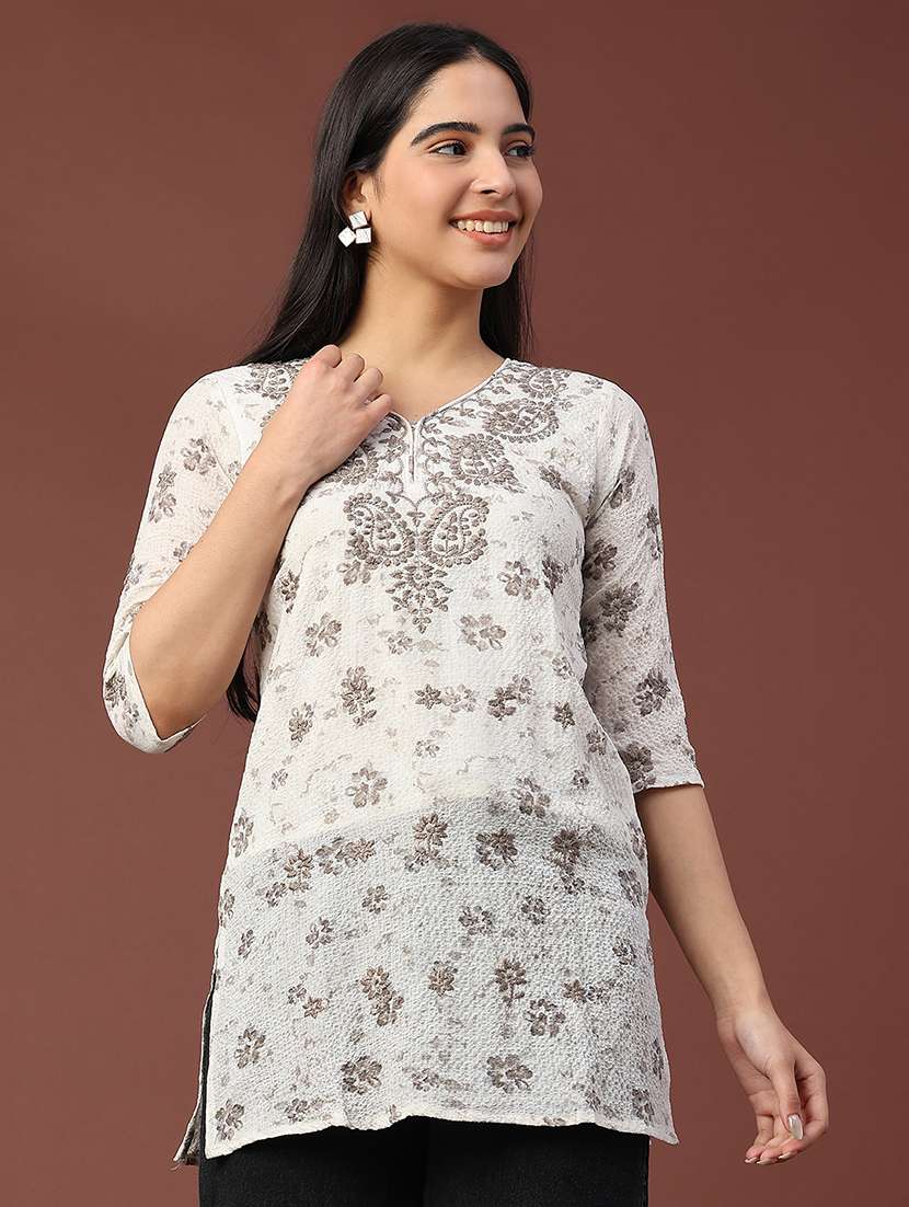 women floral three quarter sleeve straight kurti - 22316434 -  Standard Image - 3