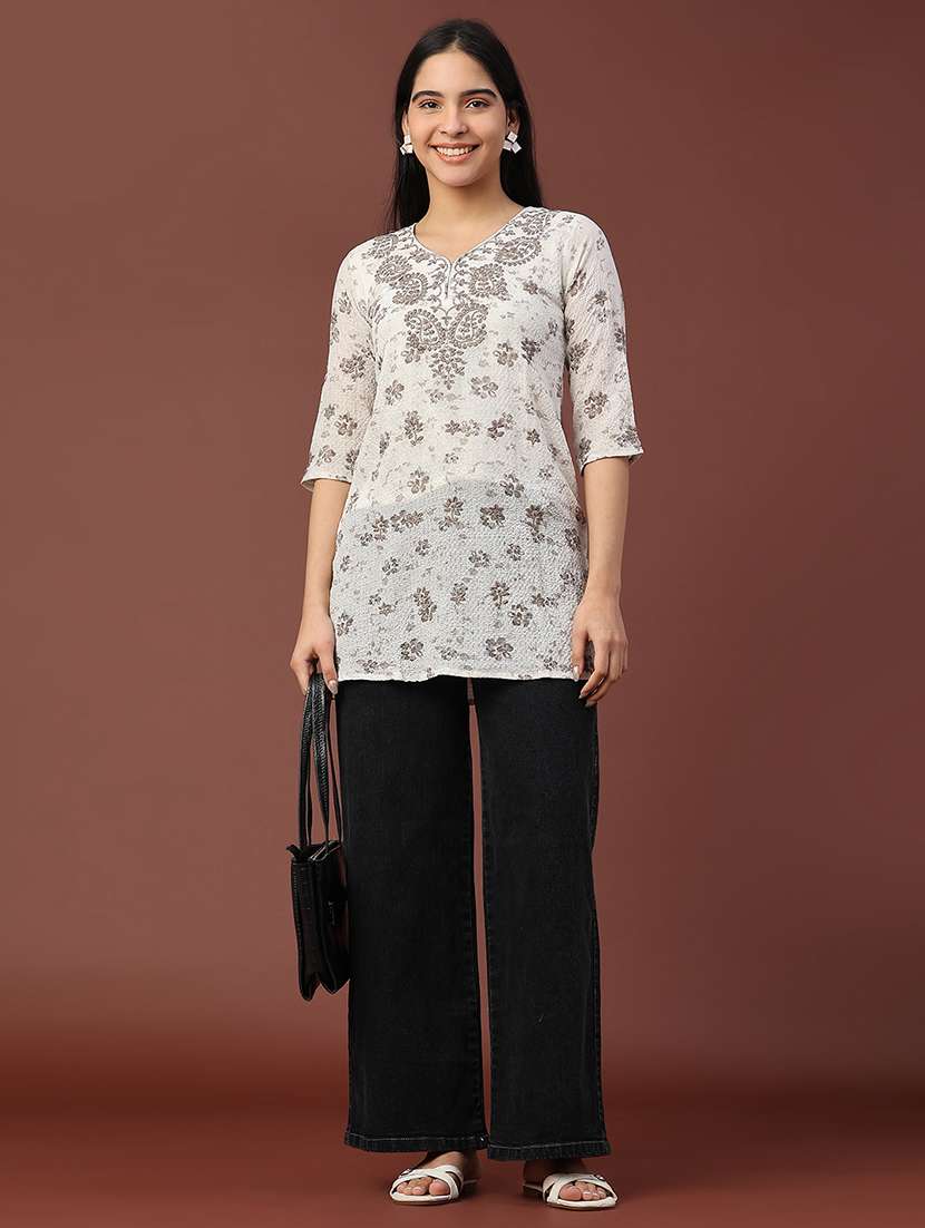 women floral three quarter sleeve straight kurti - 22316434 -  Standard Image - 5