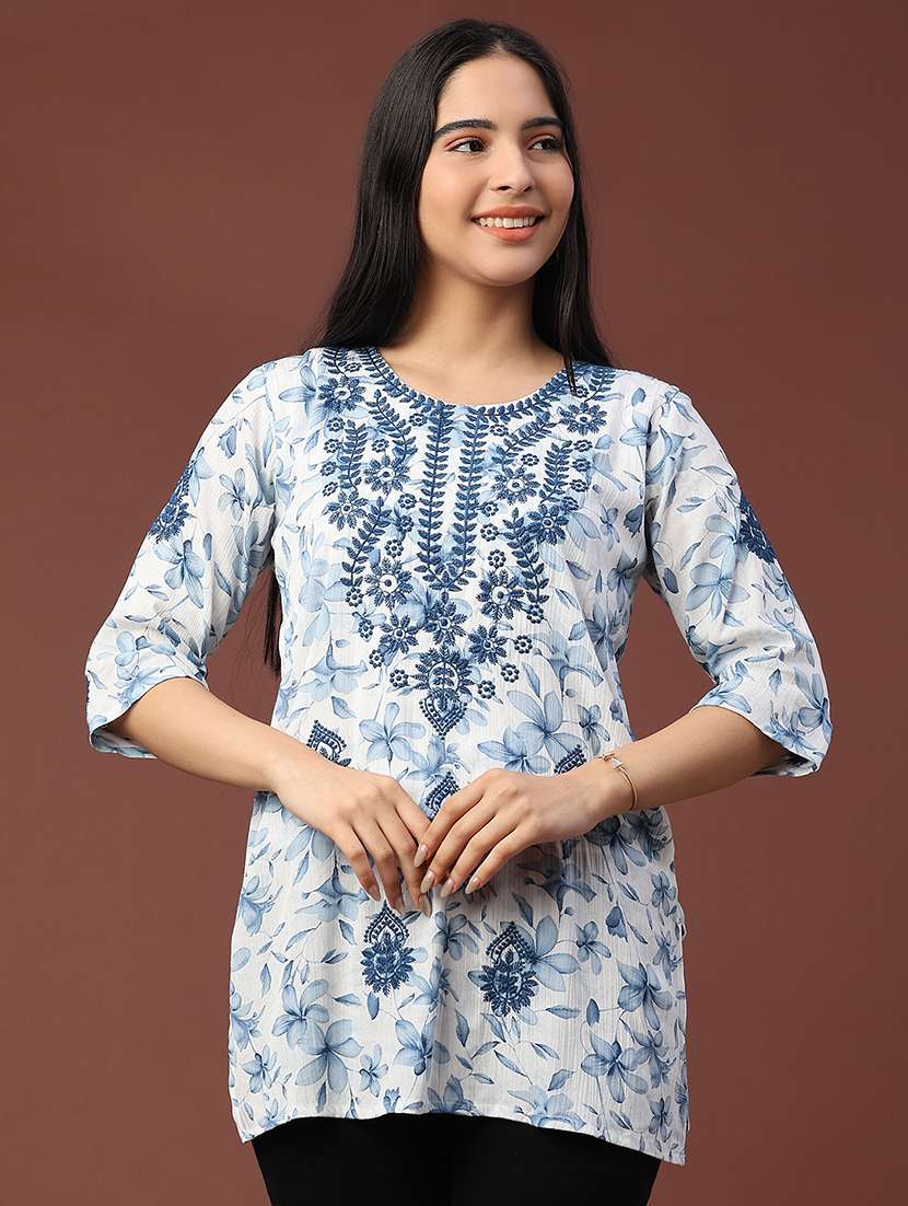 women floral three quarter sleeve straight kurti - 22316442 -  Standard Image - 3