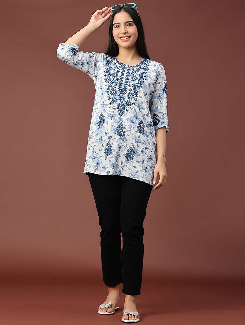 women floral three quarter sleeve straight kurti - 22316442 -  Standard Image - 5