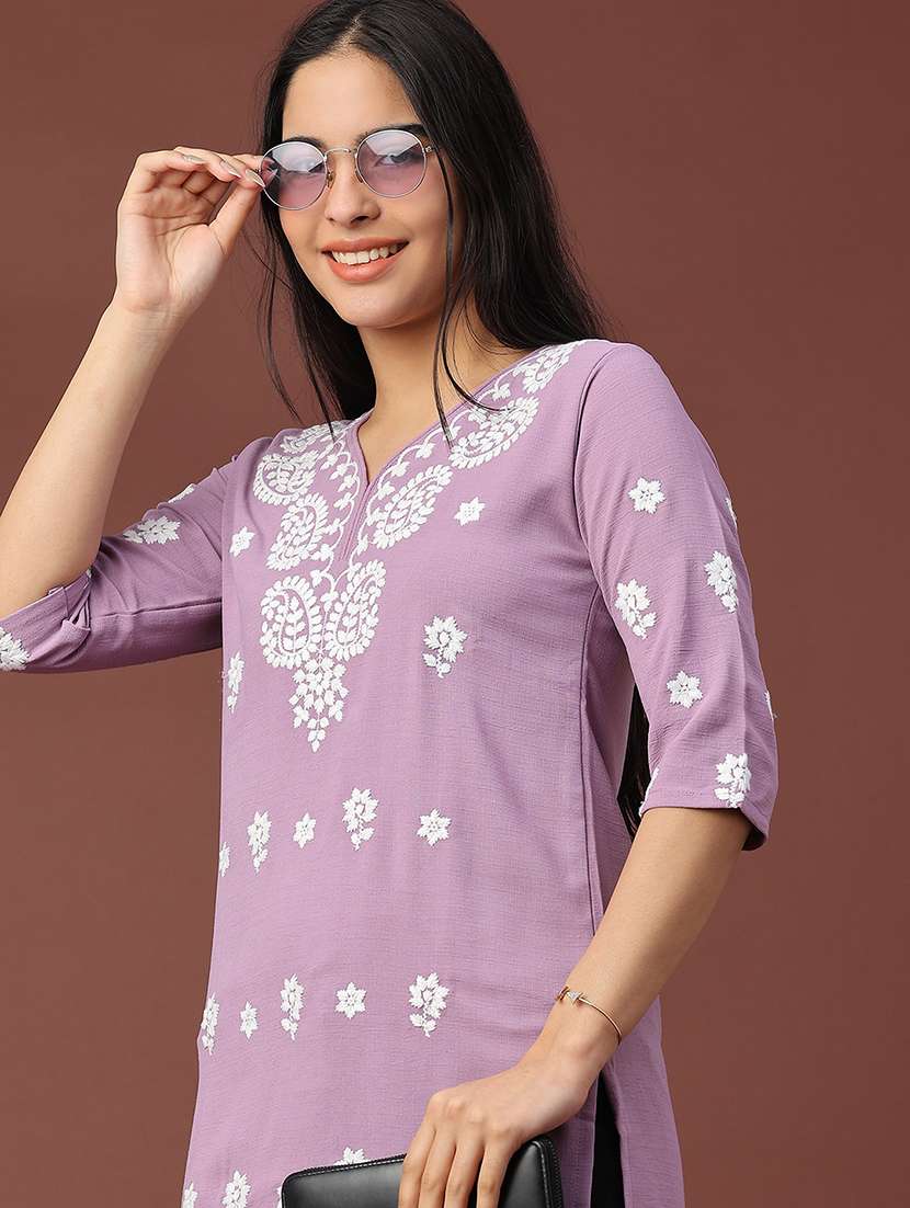 women solid with work three quarter sleeve straight kurti