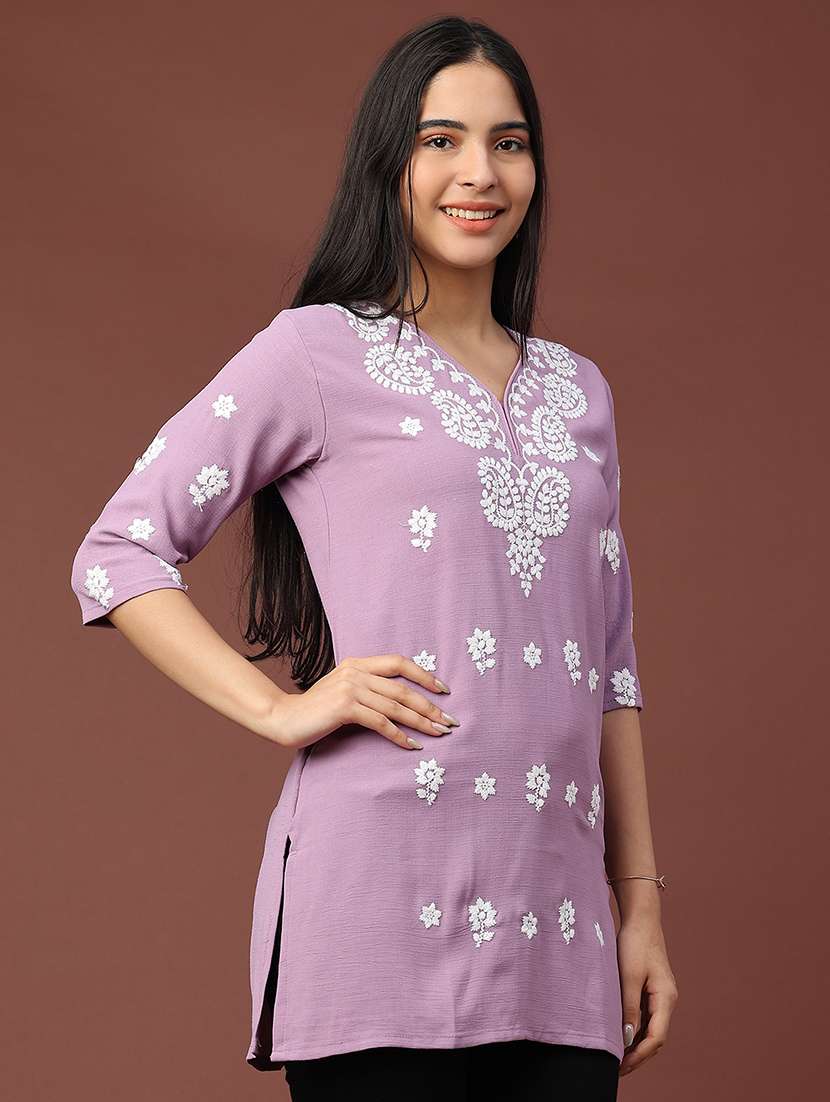 women solid with work three quarter sleeve straight kurti - 22316447 -  Standard Image - 3