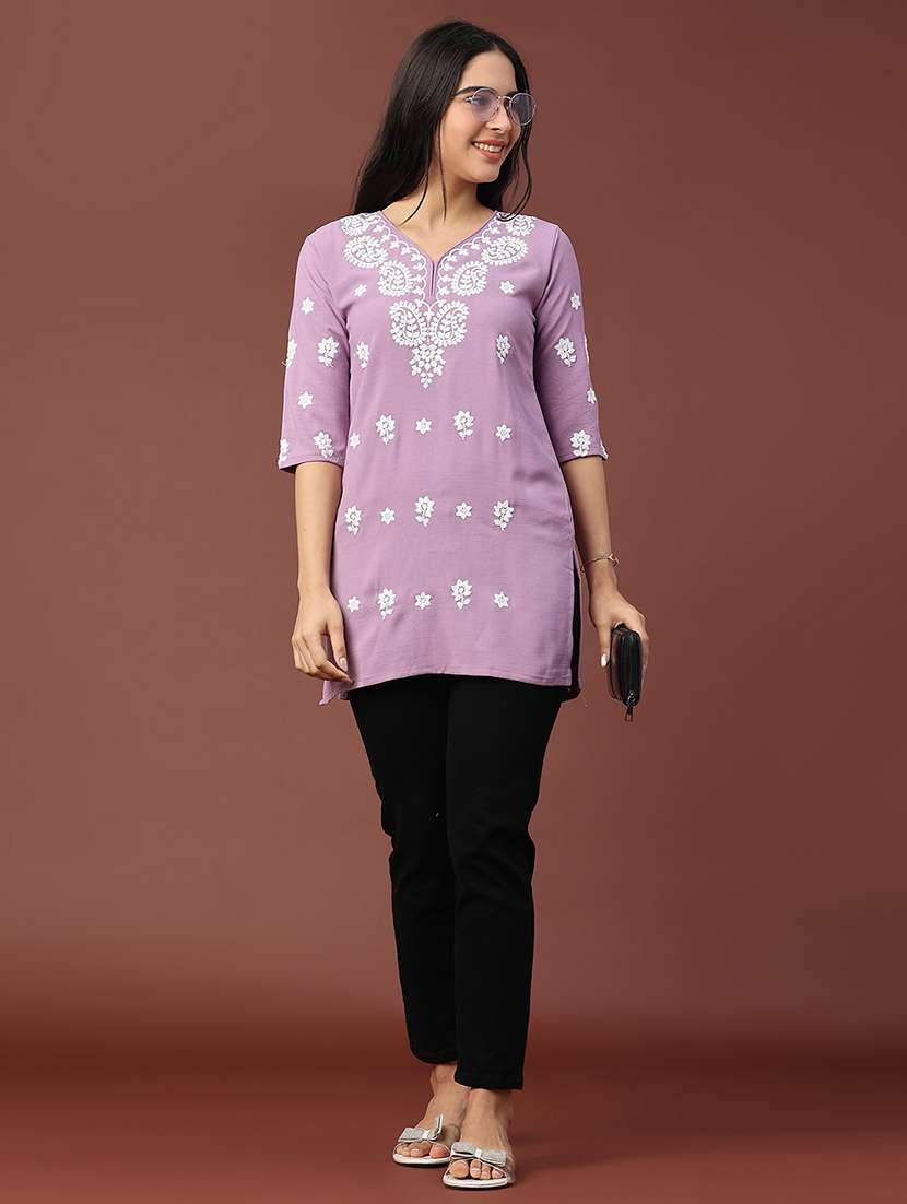 women solid with work three quarter sleeve straight kurti - 22316447 -  Standard Image - 5