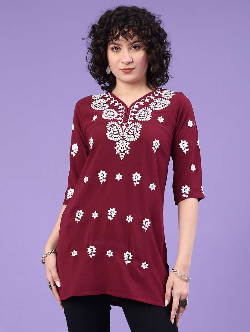women solid with work three quarter sleeve straight kurti