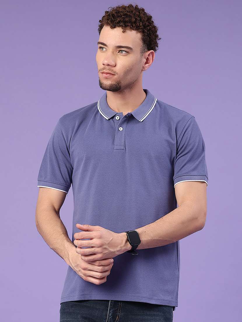 men blue cotton blend plain t-shirt