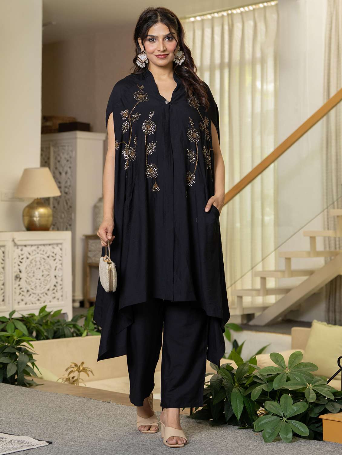 women solid with work kimono sleeve kurta pant set