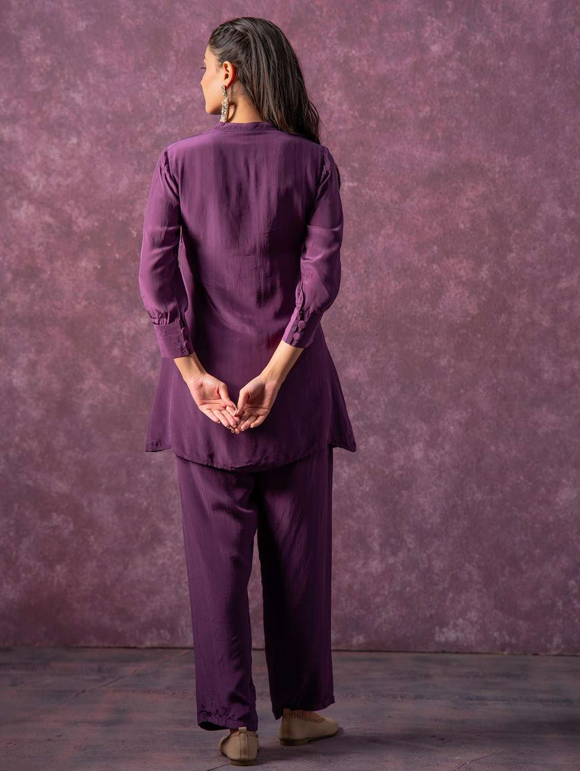 women solid with work three quarter sleeve ethnic co-ord set - 22316805 -  Standard Image - 3