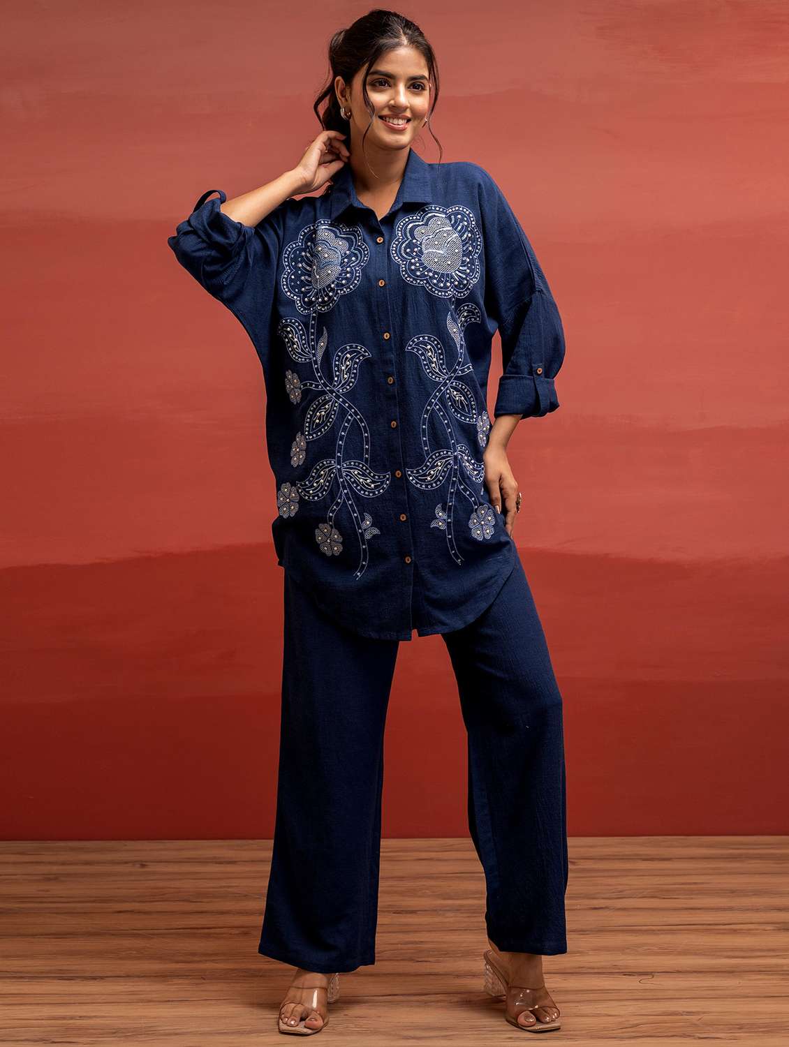 women solid with work long sleeve ethnic co-ord set