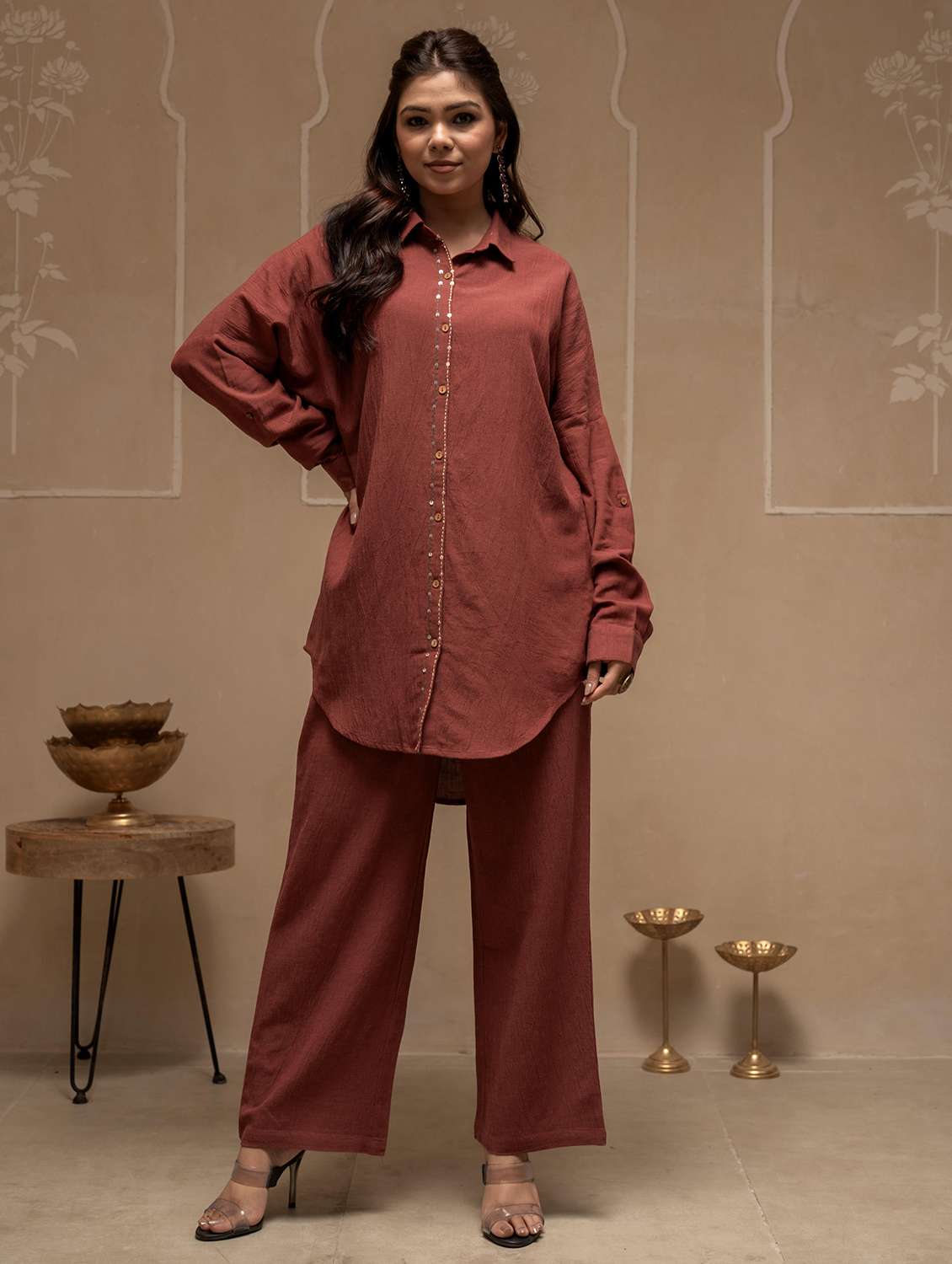 women solid with work shirt collar neck ethnic co-ord set