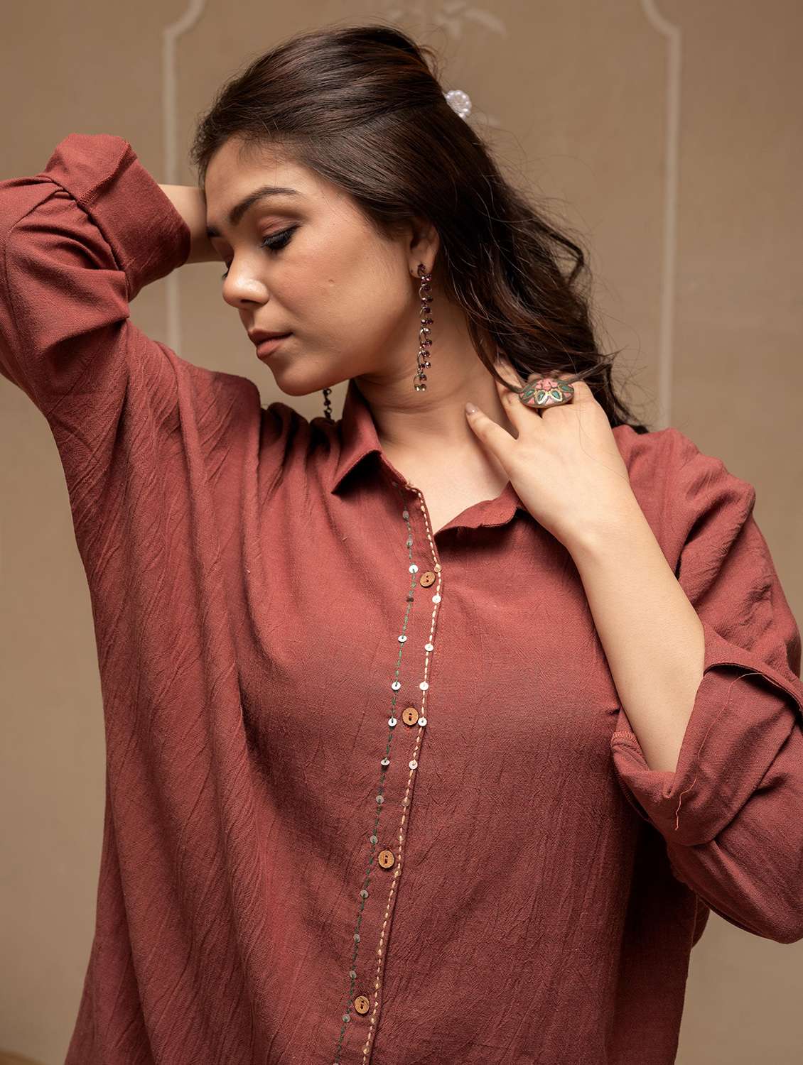 women solid with work shirt collar neck ethnic co-ord set - 22316812 -  Standard Image - 3