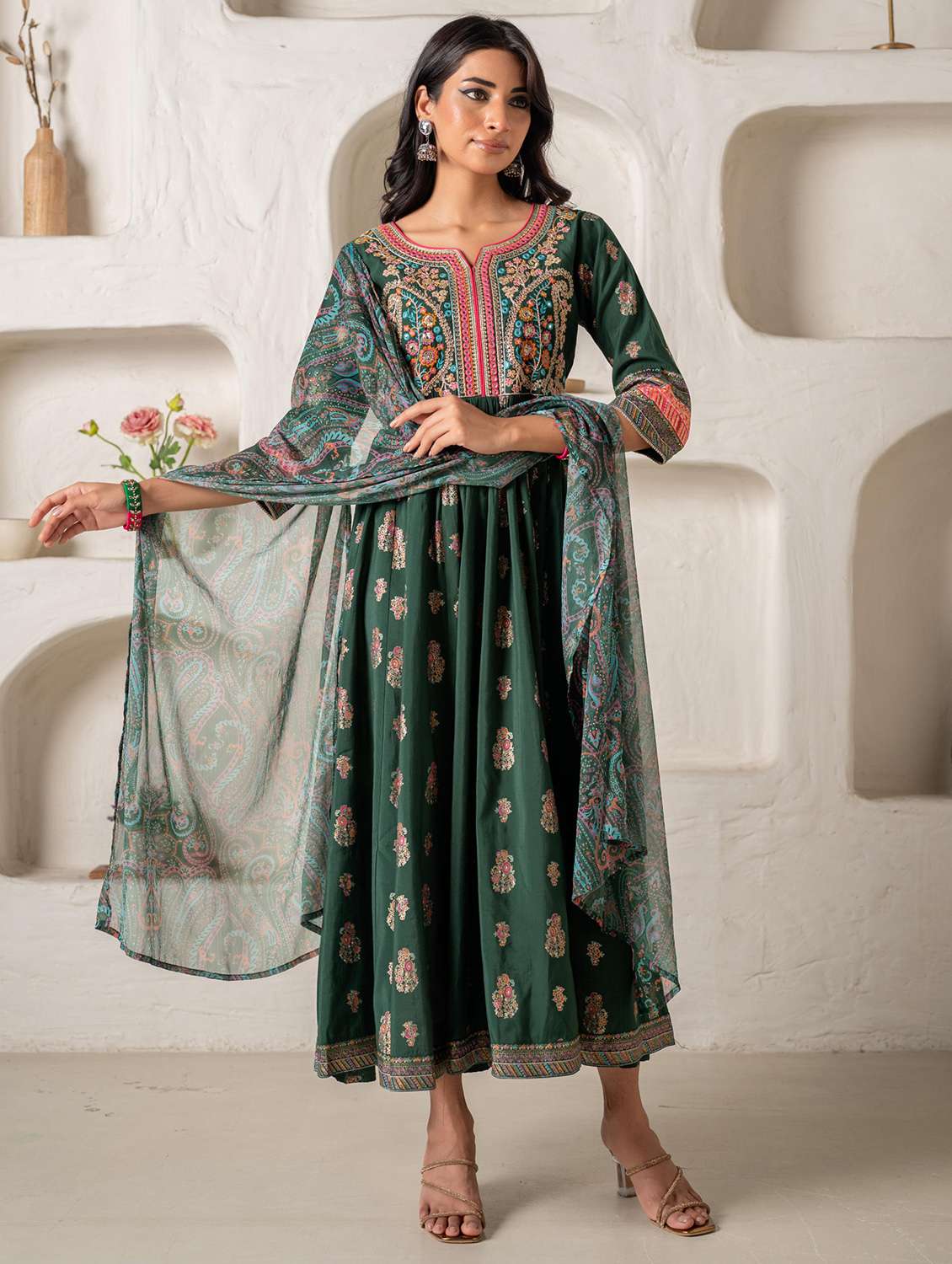 women green embroidered flared ethnic motif kurta