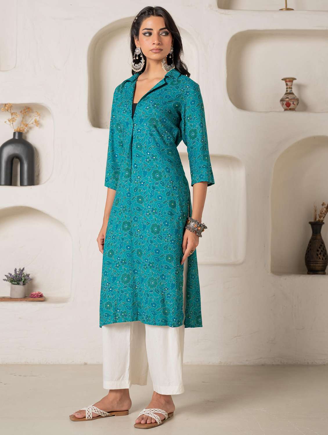 women floral viscose shirt collar straight kurta - 22316852 -  Standard Image - 3