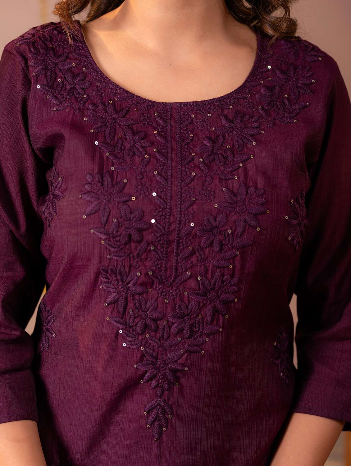 women solid with work three quarter sleeve straight kurta - 22316855 -  Standard Image - 3