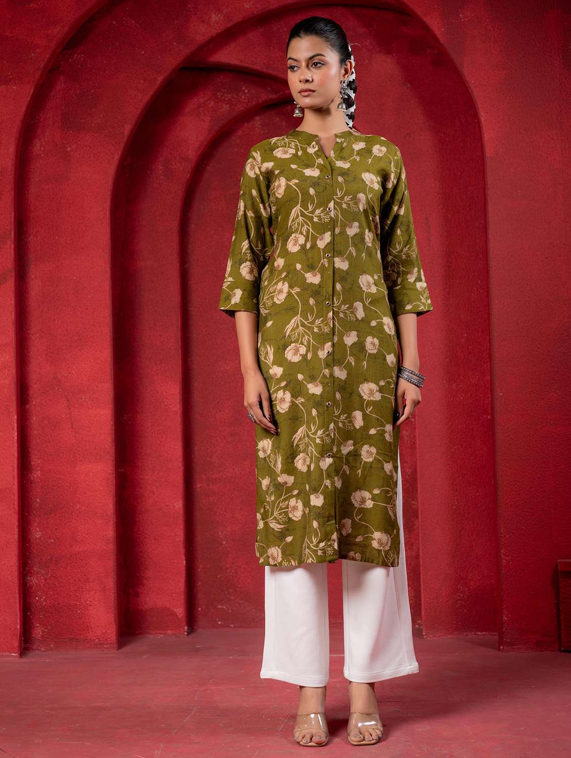 women floral print green viscose straight kurta