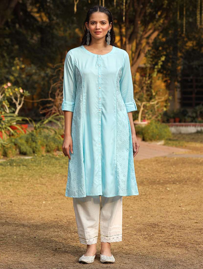 women blue schiffli embroidered a-line rayon kurta