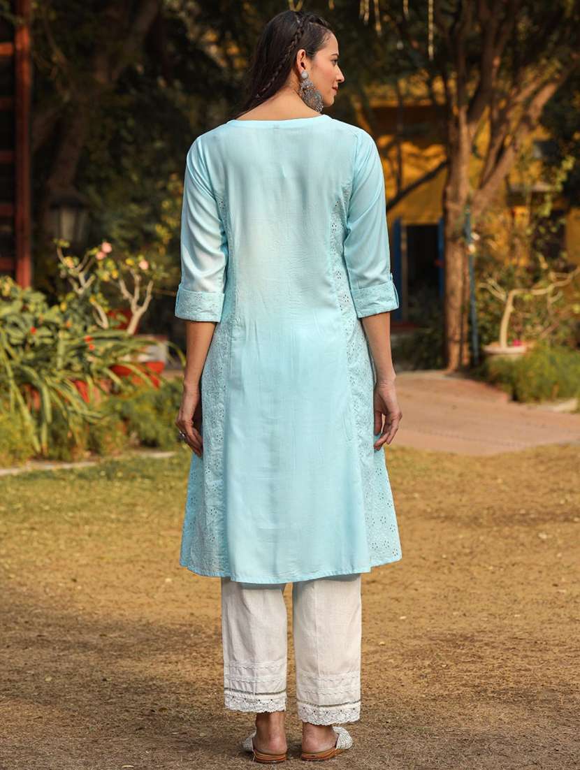 women blue schiffli embroidered a-line rayon kurta - 22316858 -  Standard Image - 3