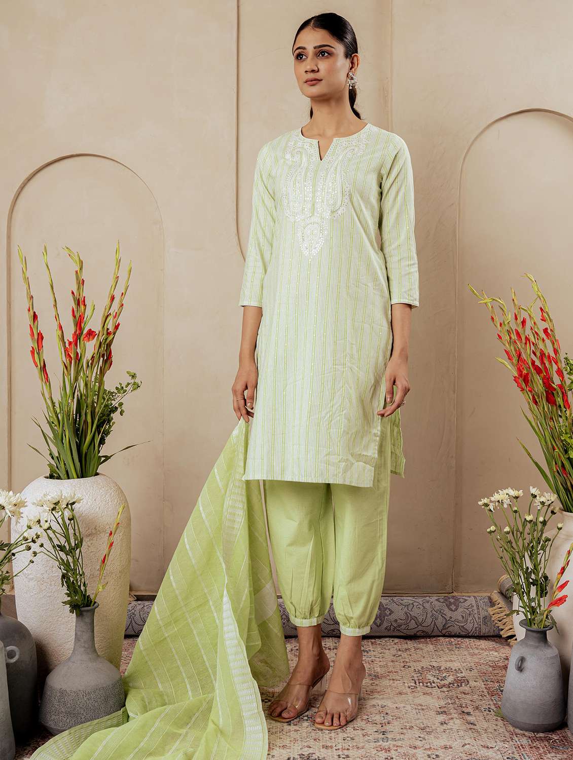 women striped three quarter sleeve dhoti kurta with dupatta set