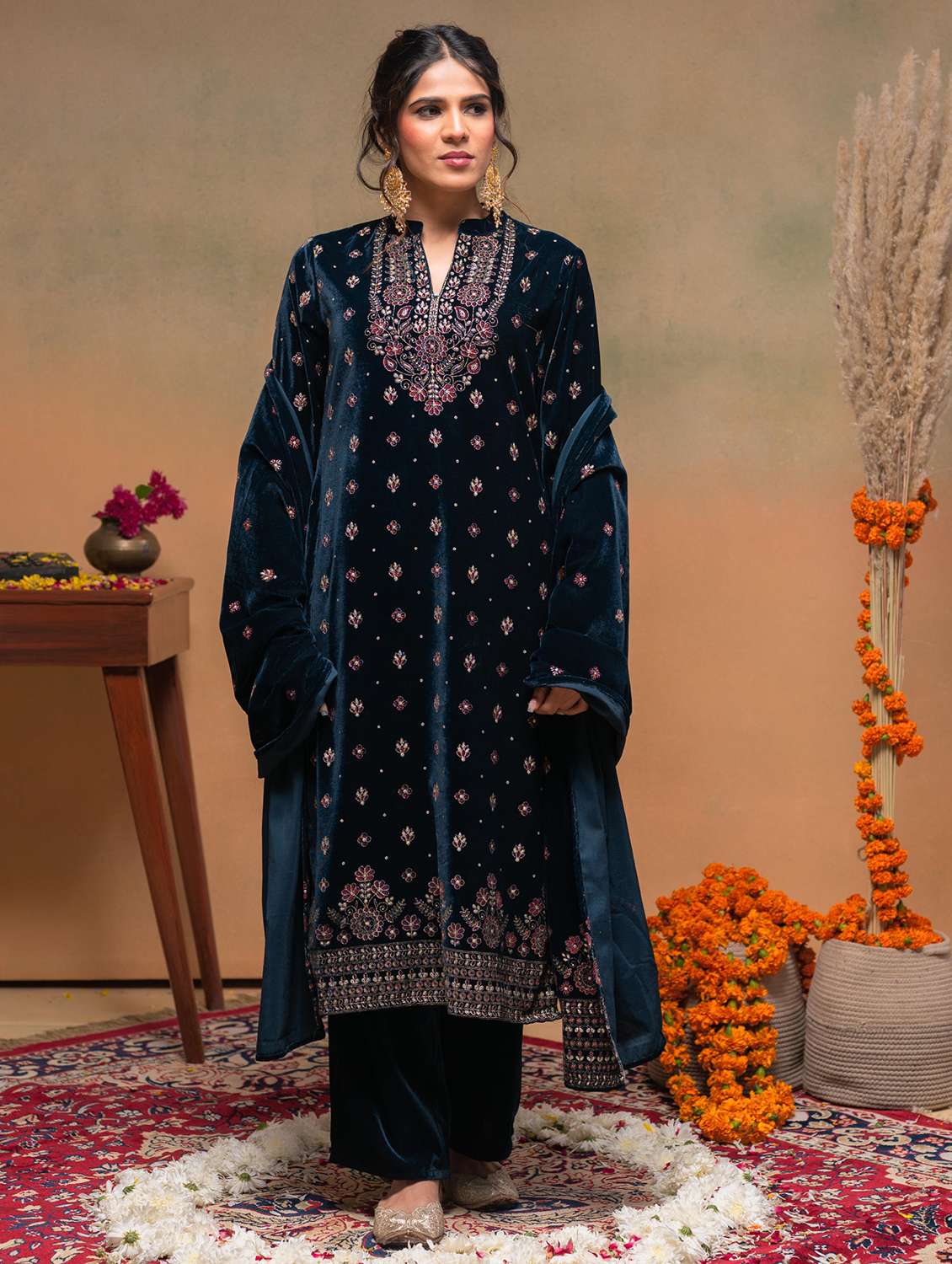 women solid with work mandarin neck kurta pant with dupatta set