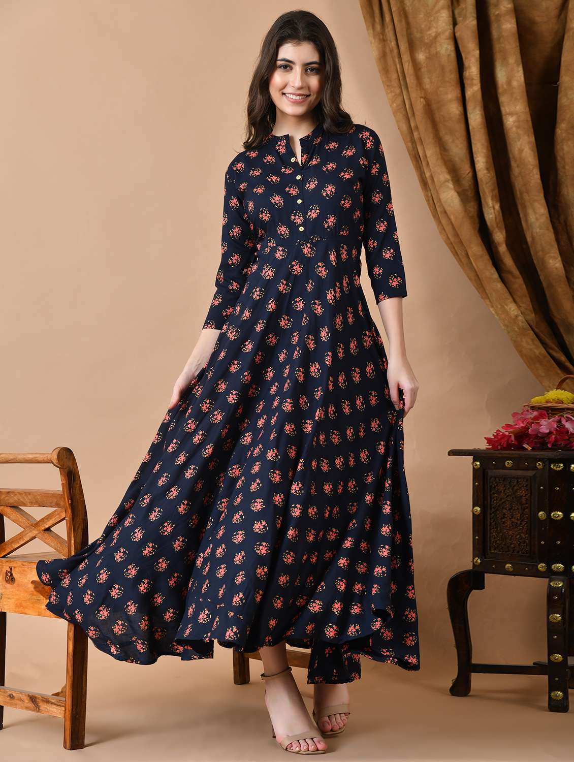women floral three quarter sleeve ethnic dress