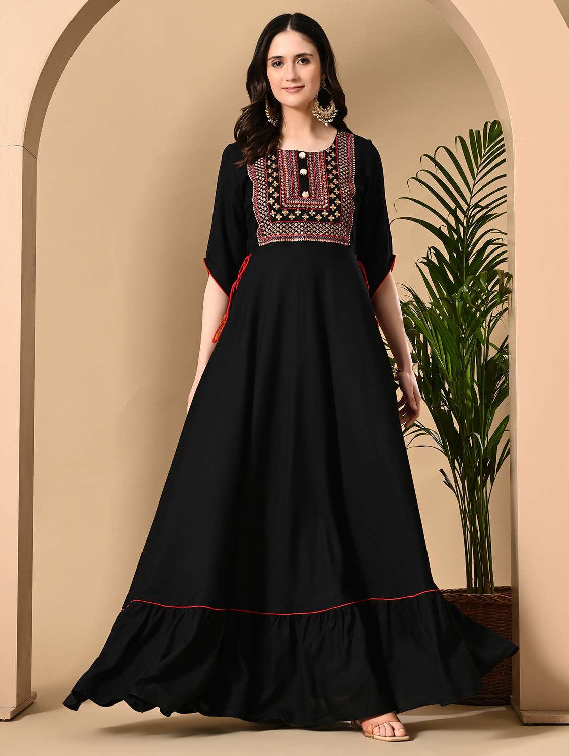 women solid with work three quarter sleeve ethnic dress