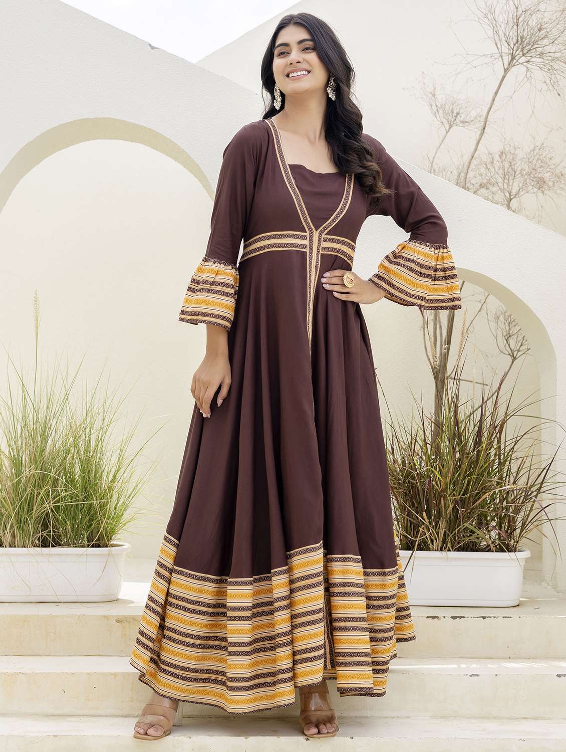 women printed bell sleeve ethnic dress