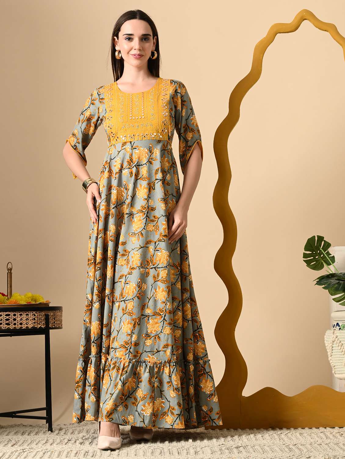women floral printed three quarter sleeve ethnic dress